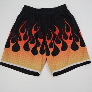 Mitchell & Ness Houston Rockets Shorts Mens Medium Black Orange Flame Mesh NBA